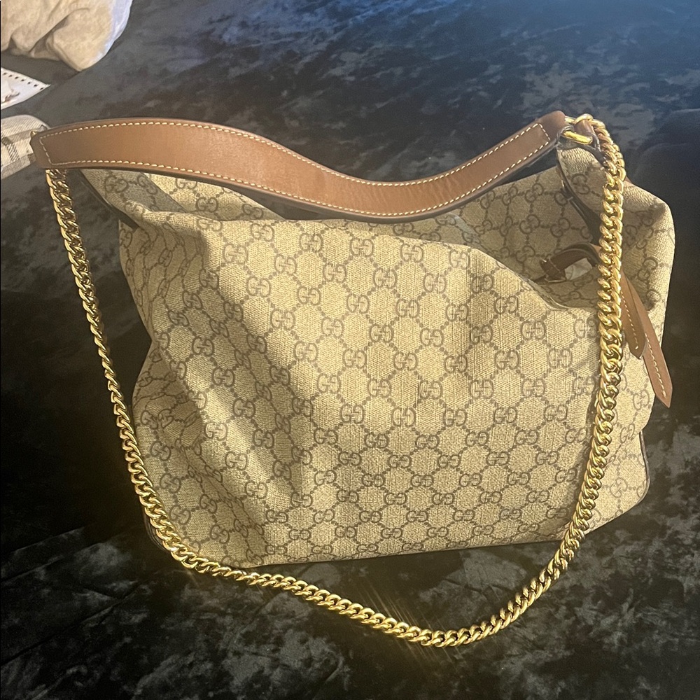 Gucci Tan and Brown Shoulder Bag with Gold Chain